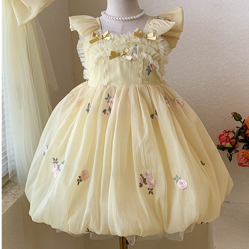 Georgette Bow Floral-embroidered Cap Sleeve Short Dresses - Yellow - 7-8Y - image 1