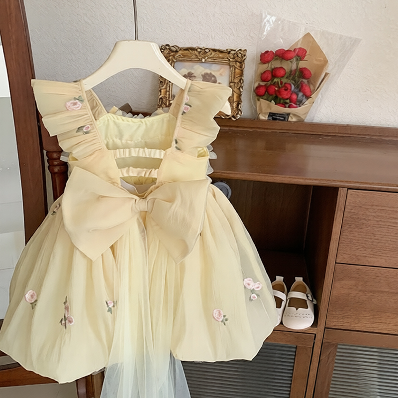 Georgette Bow Floral-embroidered Cap Sleeve Short Dresses - image 3