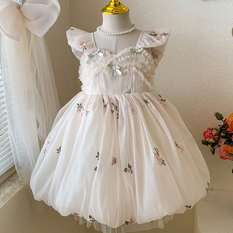 Georgette Bow Floral-embroidered Cap Sleeve Short Dresses - Beige - 7-8Y - image 8