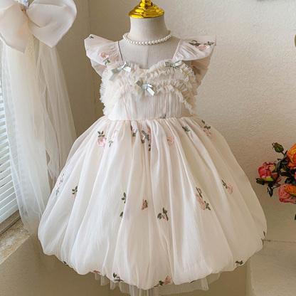 Georgette Bow Floral-embroidered Cap Sleeve Short Dresses - Beige - 7-8Y - image 8
