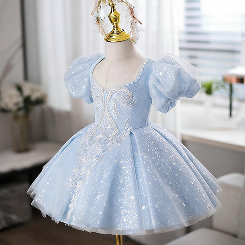 Mesh Sequins Imitation Pearls Short Sleeve Short Dresses - Sky Blue - 8-9Y - image 1