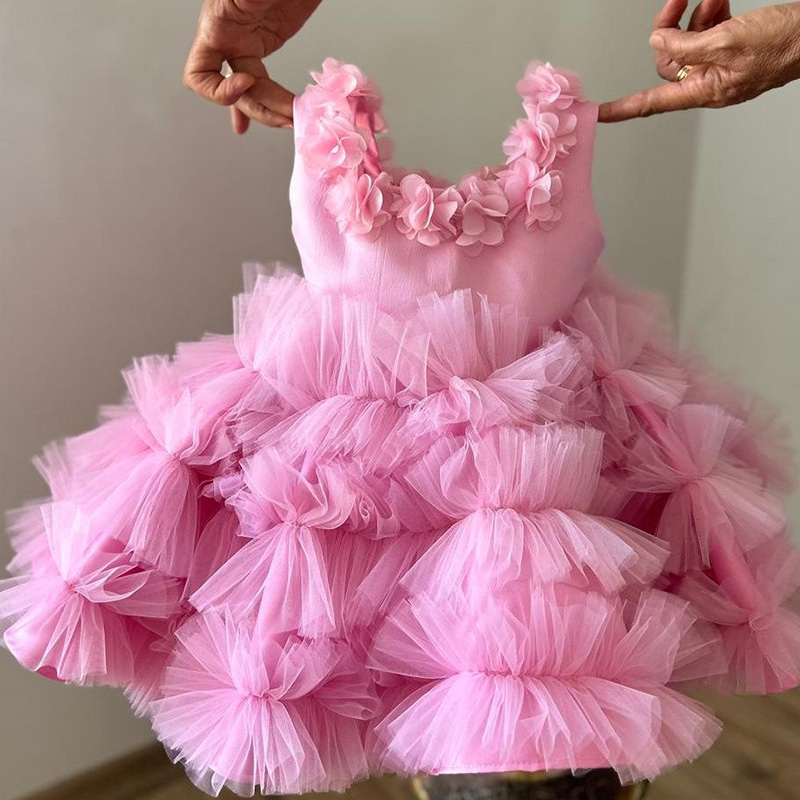 Satin & Mesh Folds Sleeveless Short Dresses - Pink - 11-12Y - image 1