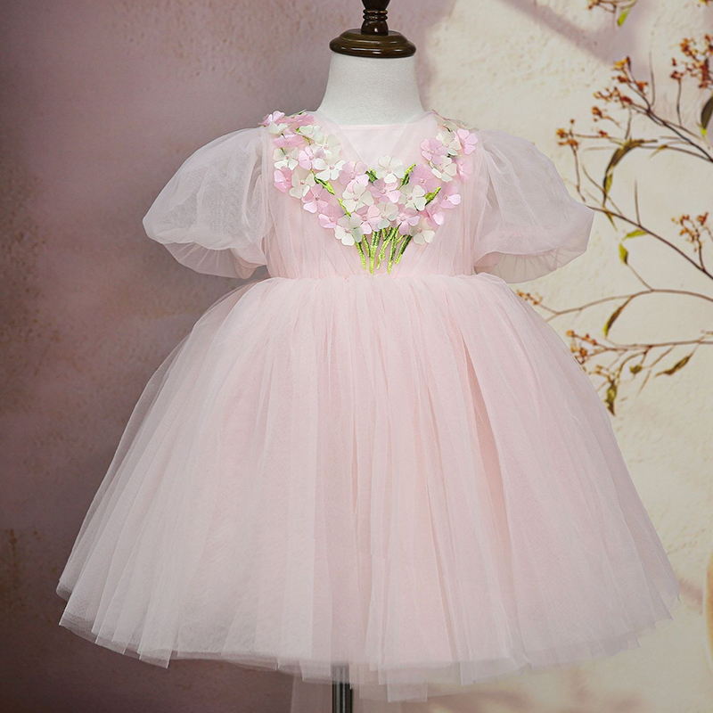 Mesh Rosette Short Sleeve Short Dresses - Light Pink - 6-8Y - image 1