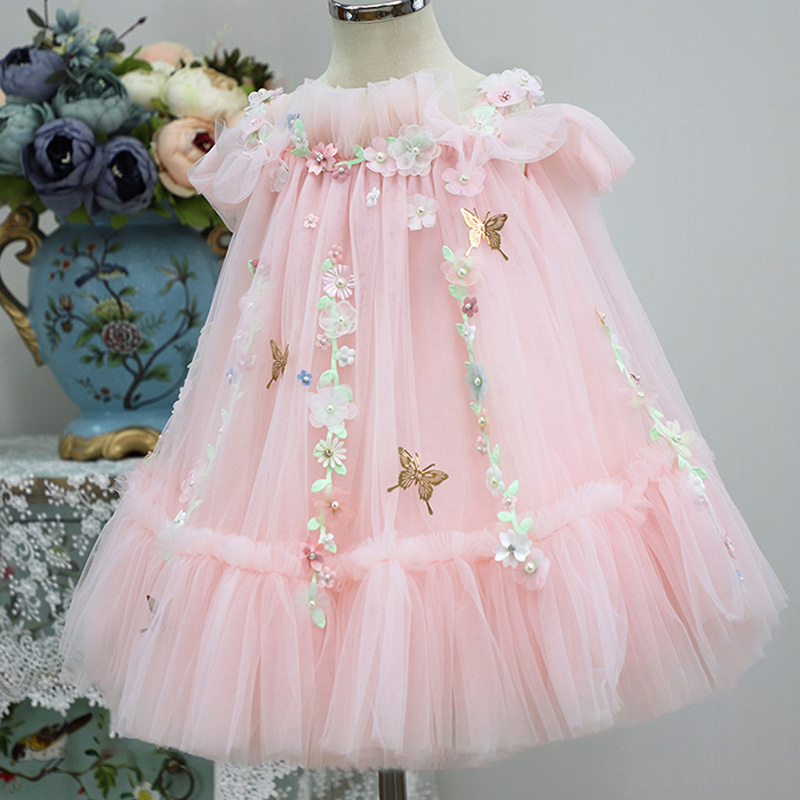 Satin & Organza Imitation Pearls Gathered Sleeveless Short Dresses - Light Pink - 11-12Y - image 1