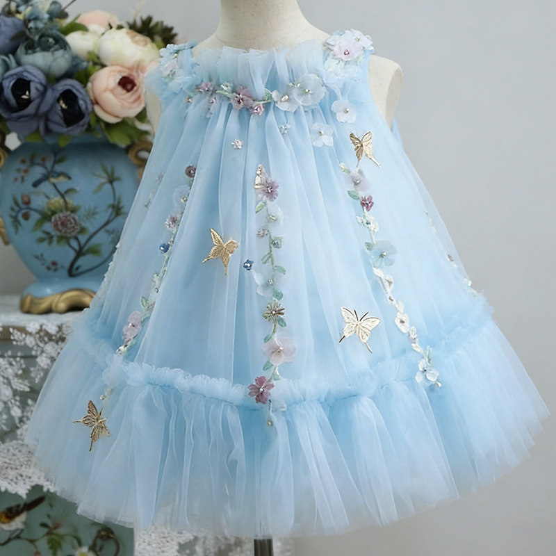 Satin & Organza Imitation Pearls Gathered Sleeveless Short Dresses - Light Blue - 11-12Y - image 8