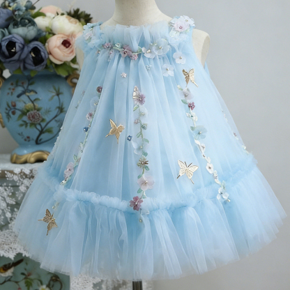 Satin & Organza Imitation Pearls Gathered Sleeveless Short Dresses - Light Blue - 11-12Y - image 8