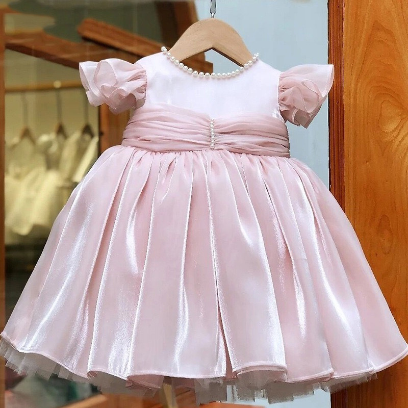 Satin & Organza Imitation Pearls Gathered Cap Sleeve Short Dresses - Pink - 13-14Y - image 1