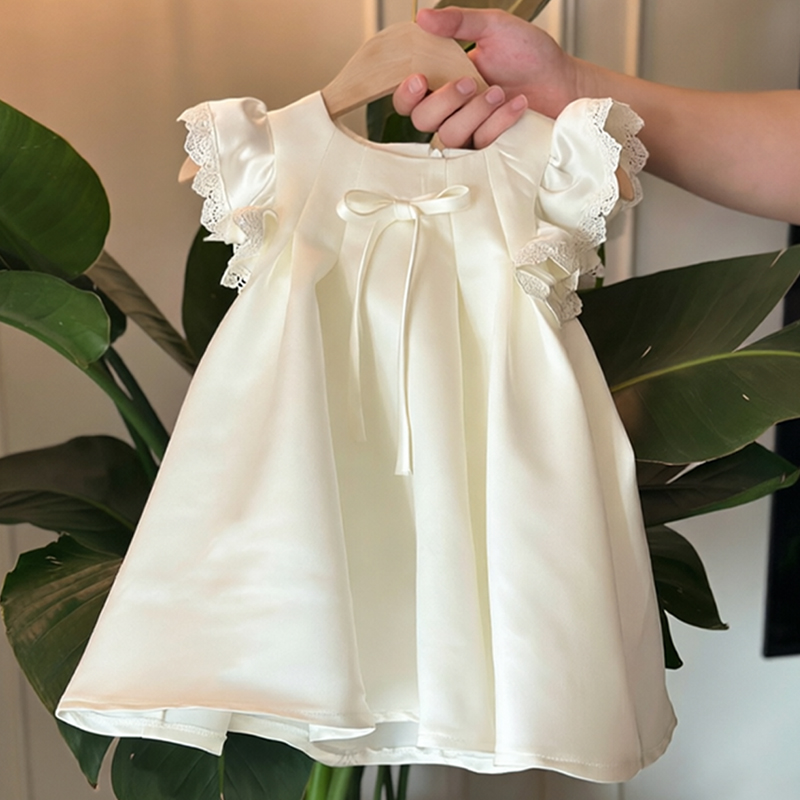 Satin Bow Lace Edge Cap Sleeve Short Dresses - image 2