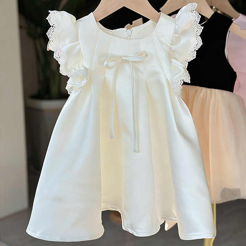 Satin Bow Lace Edge Cap Sleeve Short Dresses - Beige - 9-10Y - image 1