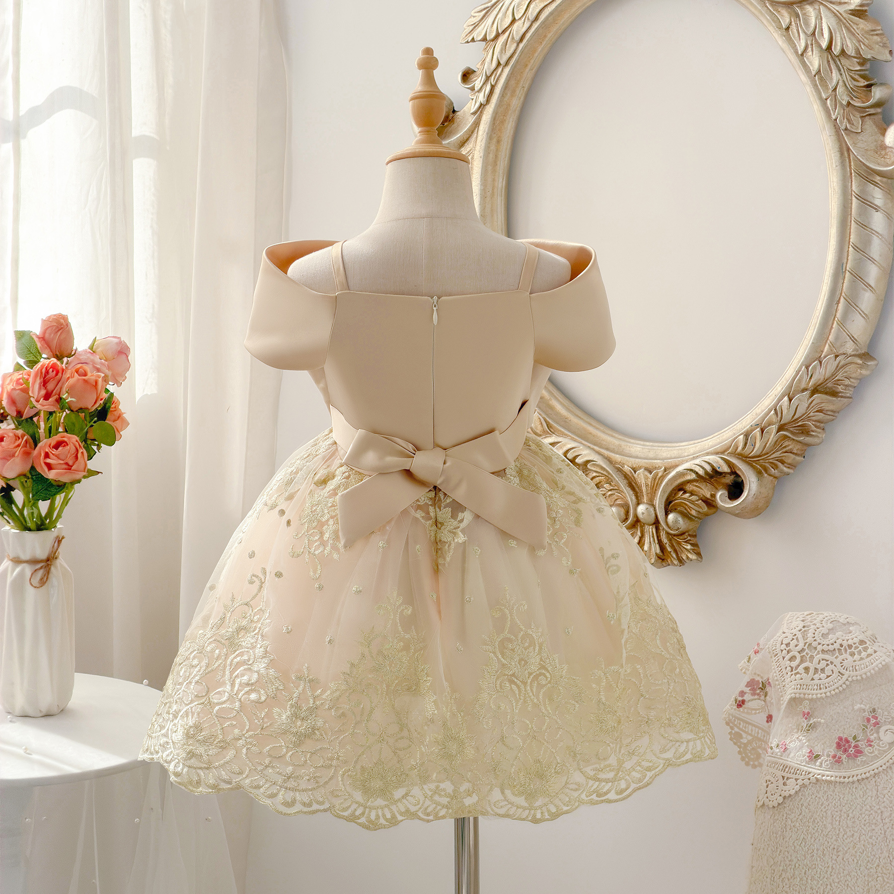 Satin & Embroidery Mesh Bow Embroidery Sleeveless Midi Dresses - image 2
