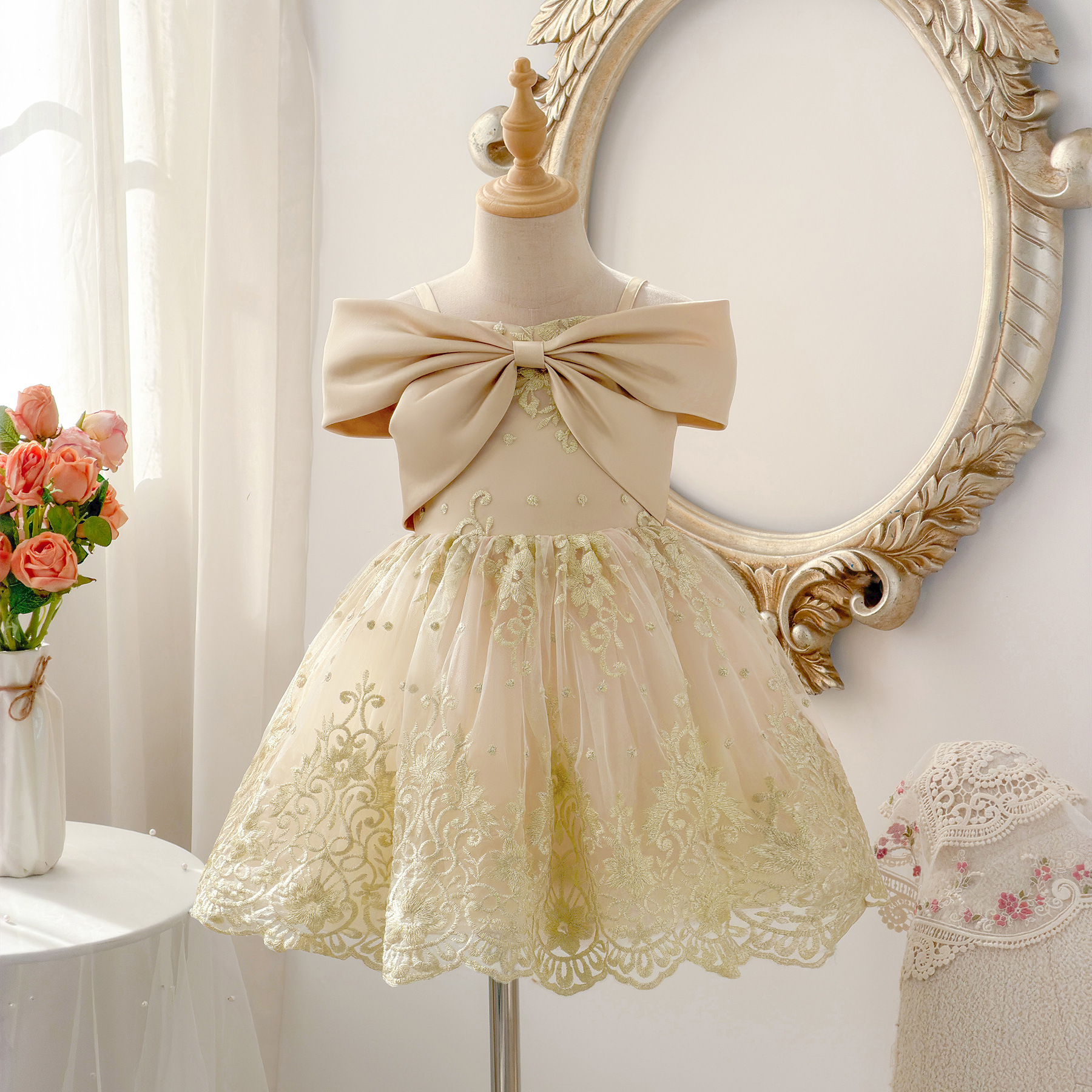 Satin & Embroidery Mesh Bow Embroidery Sleeveless Midi Dresses - Apricot - 11-12Y - image 1