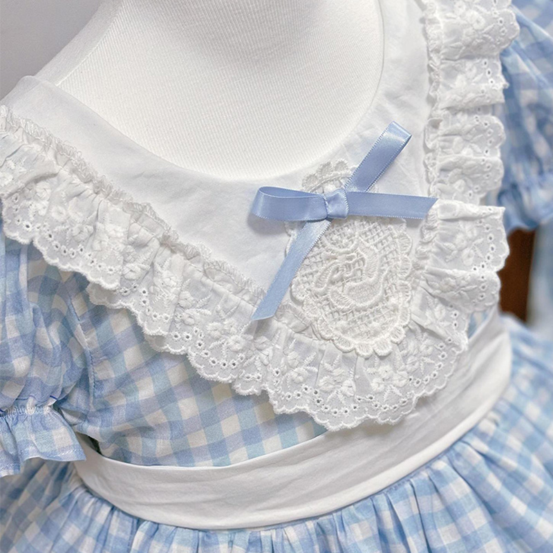 Polyester Cotton Stitching Lace Bow Short Sleeve Short Dresses - image 5