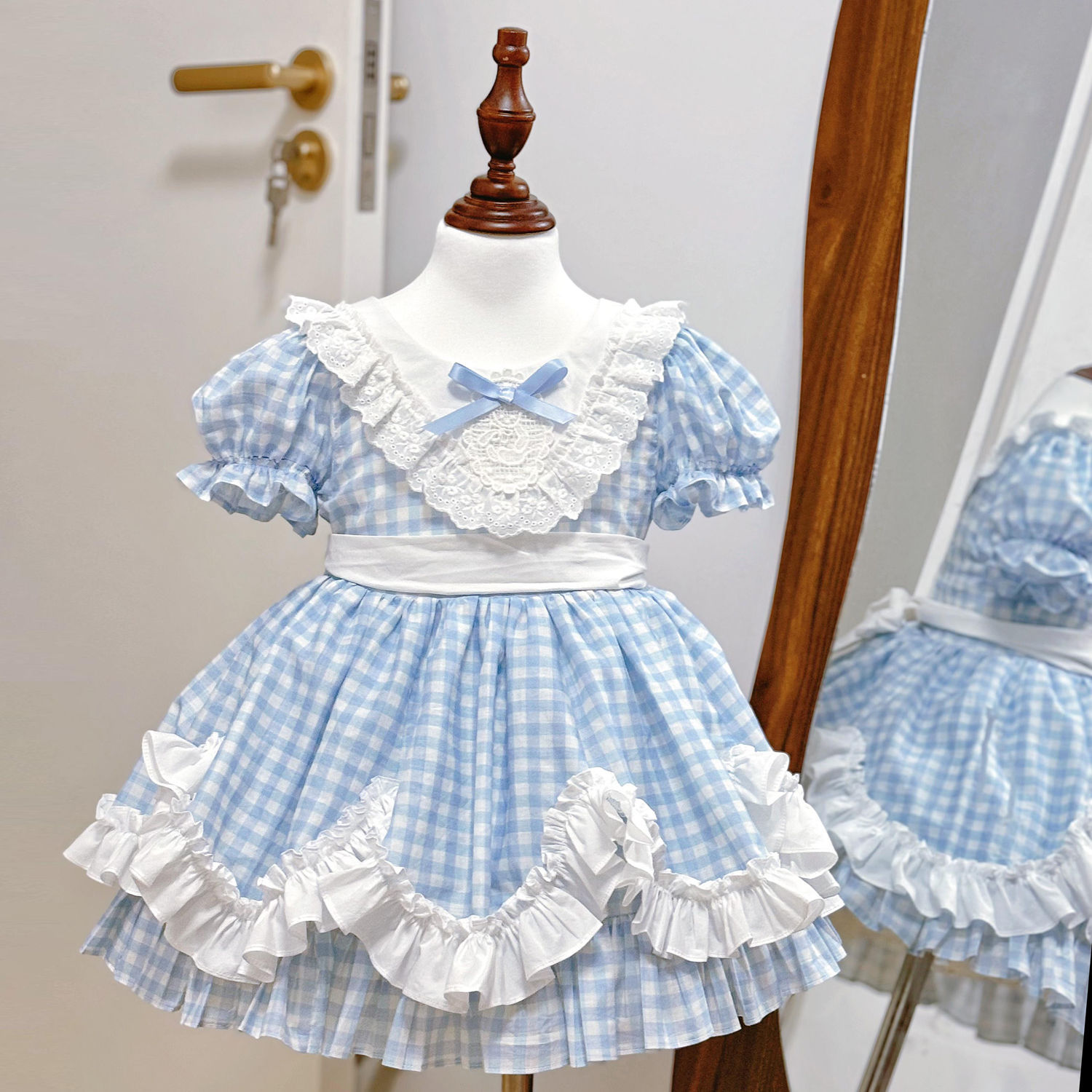 Polyester Cotton Stitching Lace Bow Short Sleeve Short Dresses - Light Blue - 11-12Y - image 1
