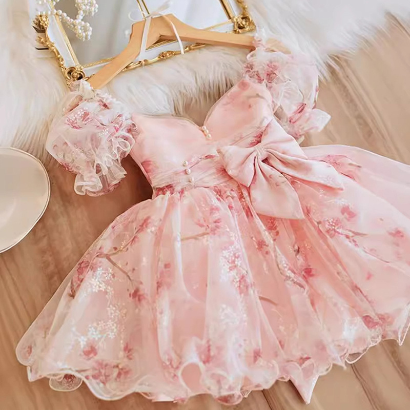 Mesh Bow Gathered Short Sleeve Short Dresses - Pink - 9-10Y - image 1