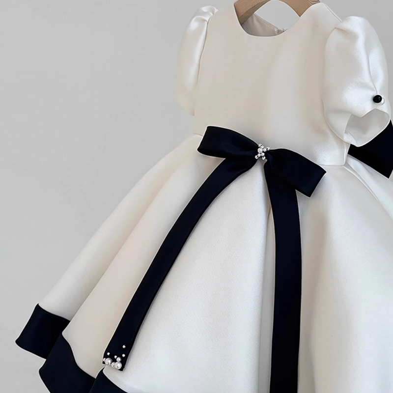 Satin Bow Imitation Pearls Short Sleeve Short Dresses - image 2