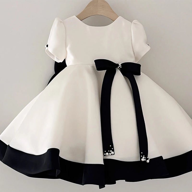 Satin Bow Imitation Pearls Short Sleeve Short Dresses - White - 15-16Y - image 1