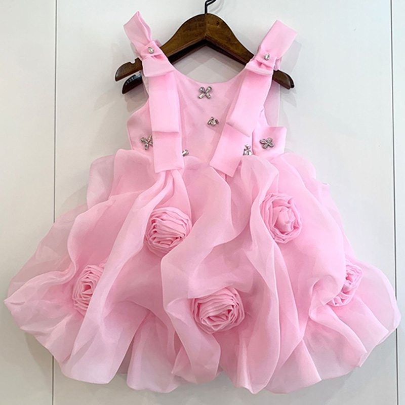 Organza Rosette Bow Rhinestone Sleeveless Short Dresses - Pink - 11-12Y - image 4