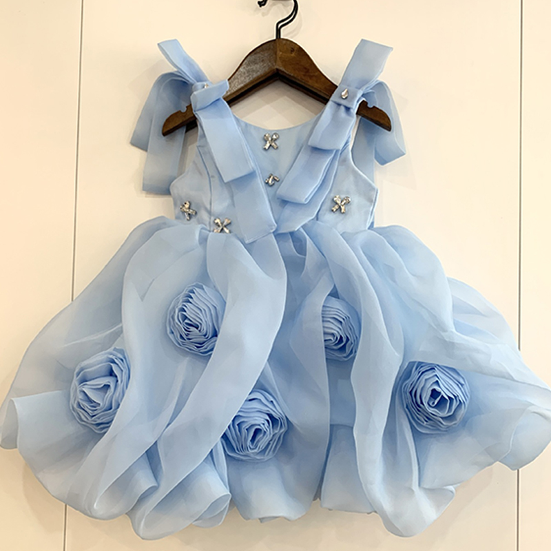 Organza Rosette Bow Rhinestone Sleeveless Short Dresses - Blue - 11-12Y - image 1