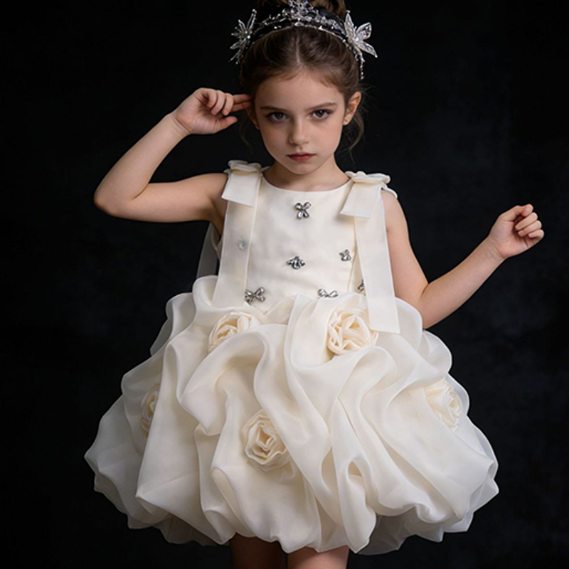 Organza Rosette Bow Rhinestone Sleeveless Short Dresses - Apricot - 11-12Y - image 8