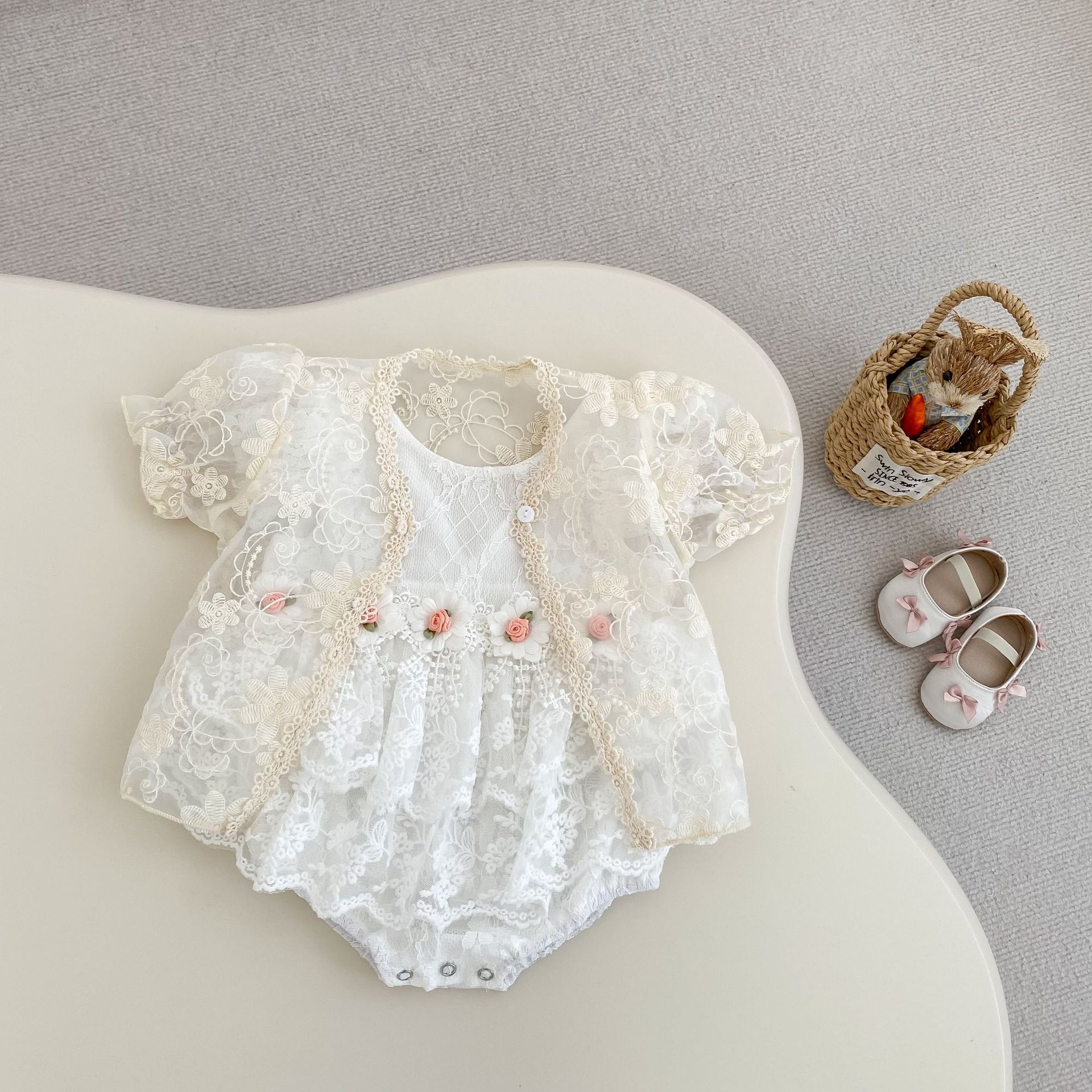 Lace Rosette Cap Sleeve Shorts Bodysuit - image 6