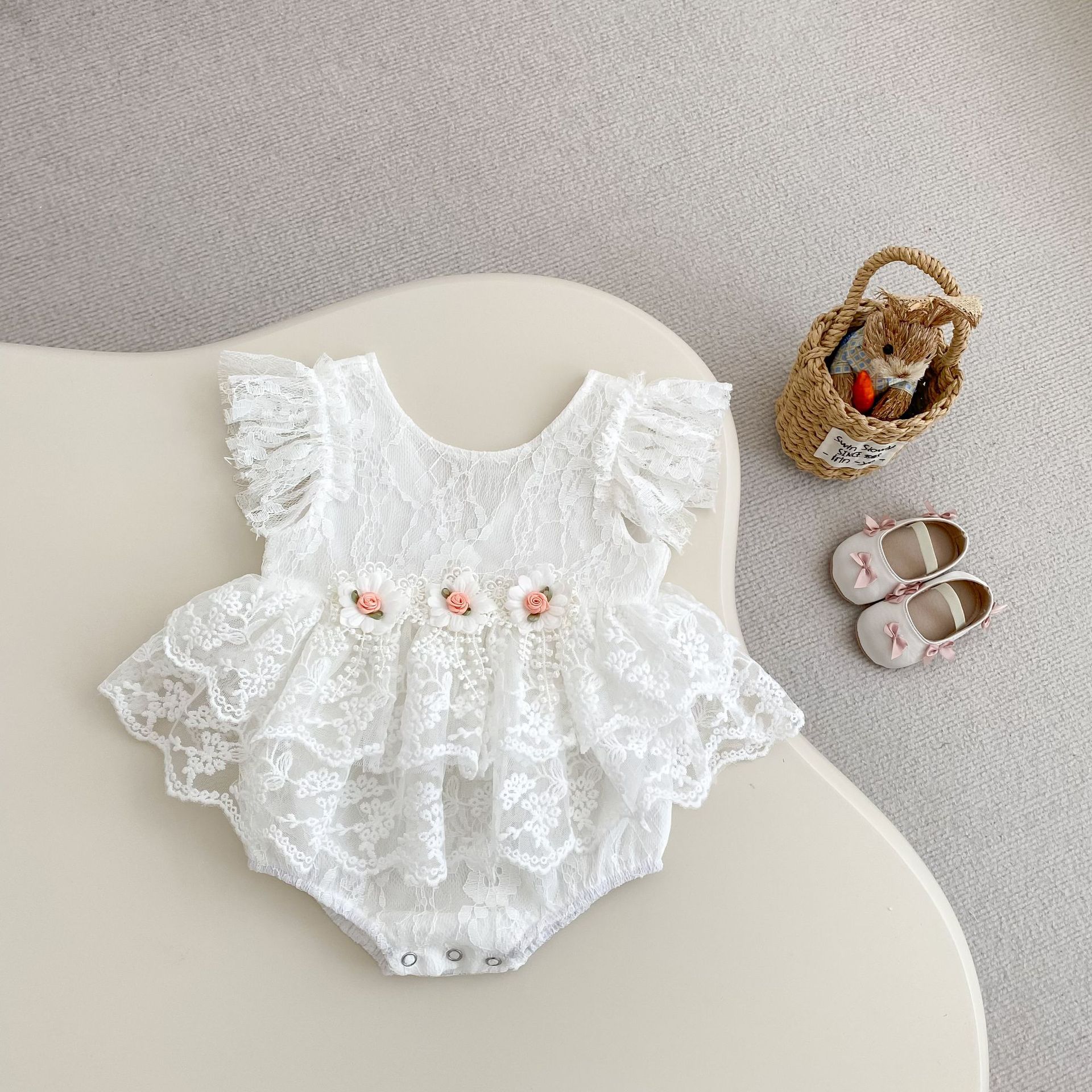 Lace Rosette Cap Sleeve Shorts Bodysuit - image 4