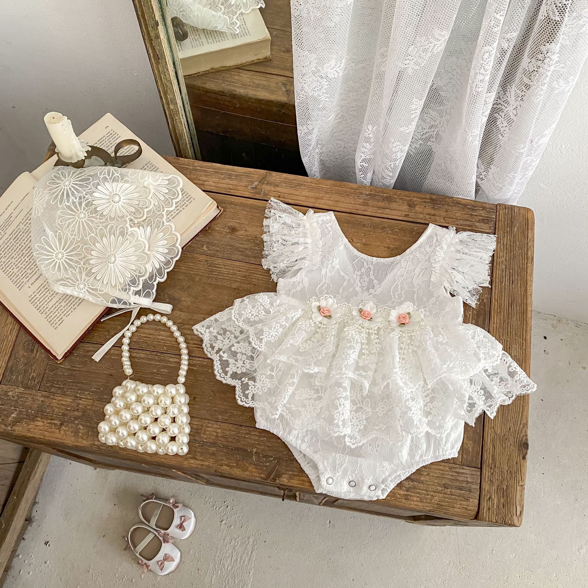 Lace Rosette Cap Sleeve Shorts Bodysuit - image 5