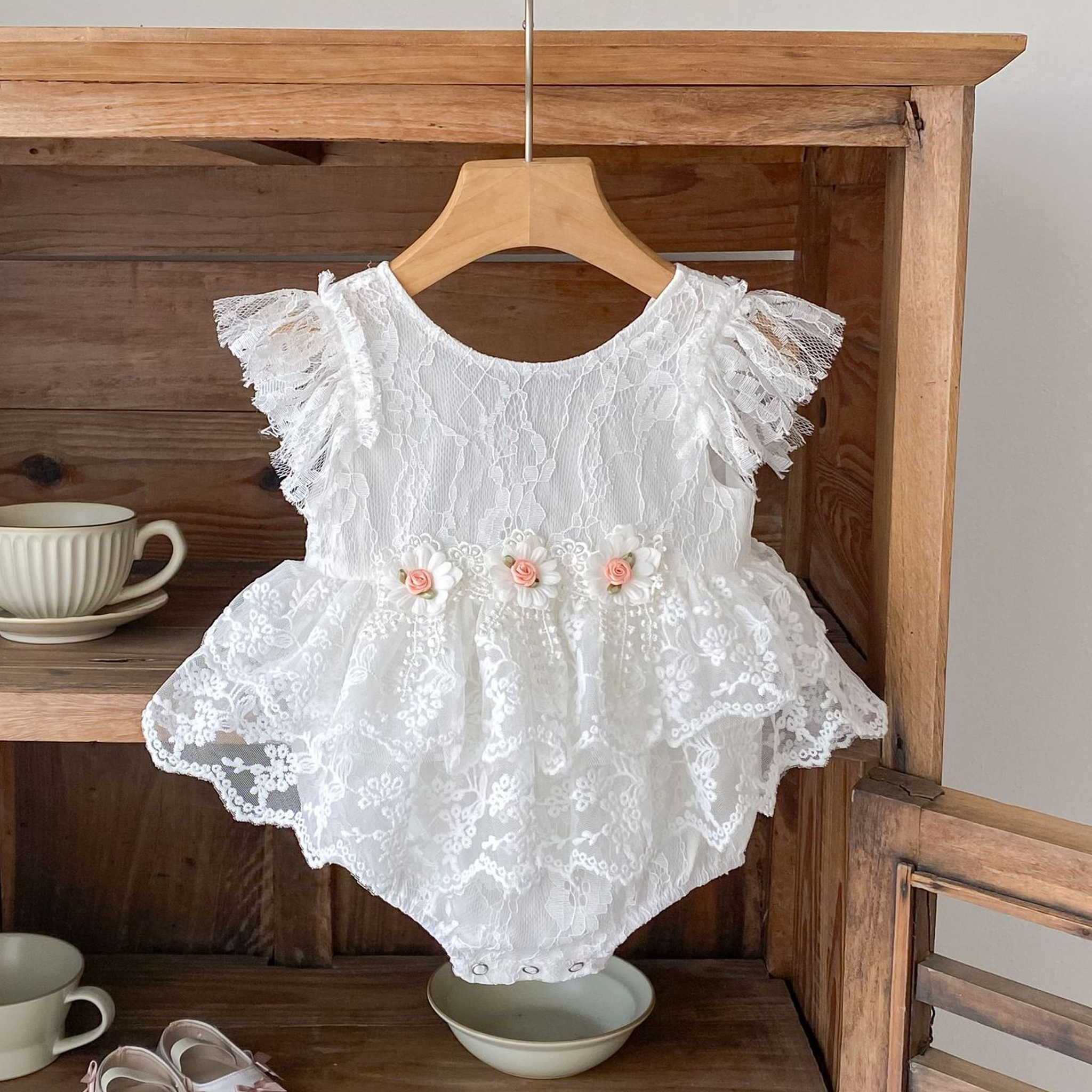 Lace Rosette Cap Sleeve Shorts Bodysuit - image 2