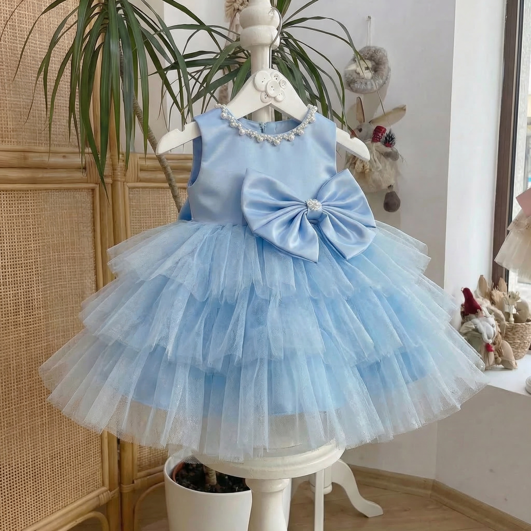 Mesh Bow Lace Edge Sleeveless Midi Dresses - Light Blue - 11-12Y - image 1