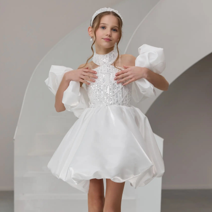 Satin & Glitter Sequins Sleeveless Short Dresses - White - 8Y - image 1