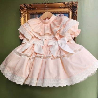 100% Cotton Lace Edge Bow Short Sleeve Short Dresses - Pink - 6Y - image 1