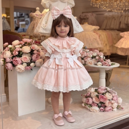 100% Cotton Lace Edge Bow Short Sleeve Short Dresses - image 3