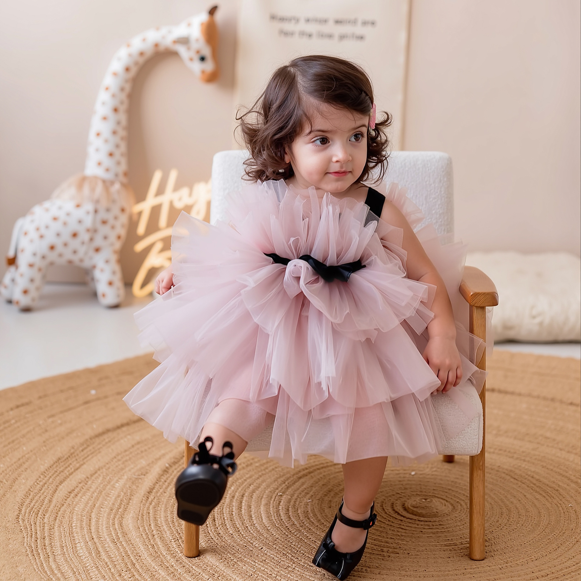 Mesh Tiered Sleeveless Midi Dresses - Light Pink - 4Y - image 1