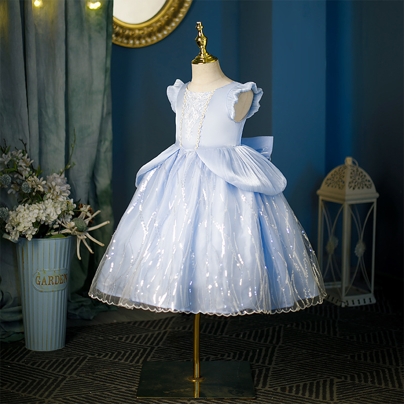Satin Applique Cap Sleeve Midi Dresses - Blue - 7-8.5Y - image 1