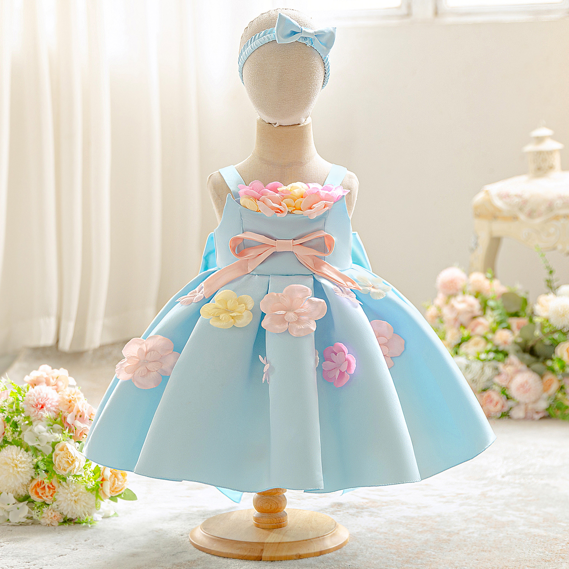 Satin Bow Sleeveless Midi Dresses - Sky Blue - 2-3Y - image 1