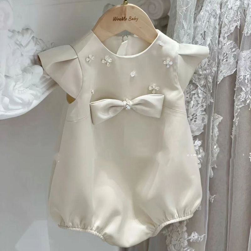 Satin Bow Cap Sleeve Shorts Bodysuit - Beige - 3-4Y - image 1