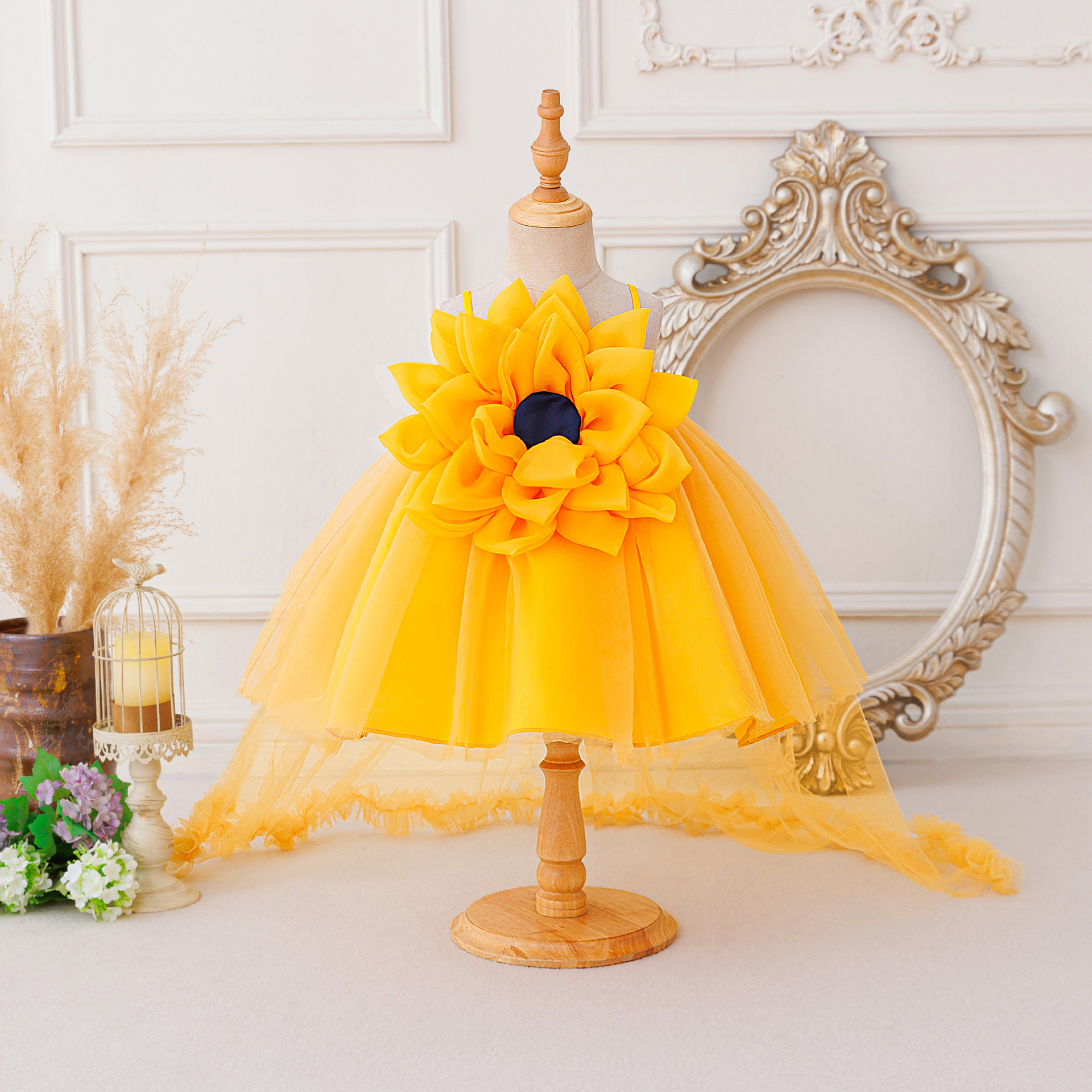 Mesh Rosette Sleeveless Midi Dresses - Yellow - 2-3Y - image 1