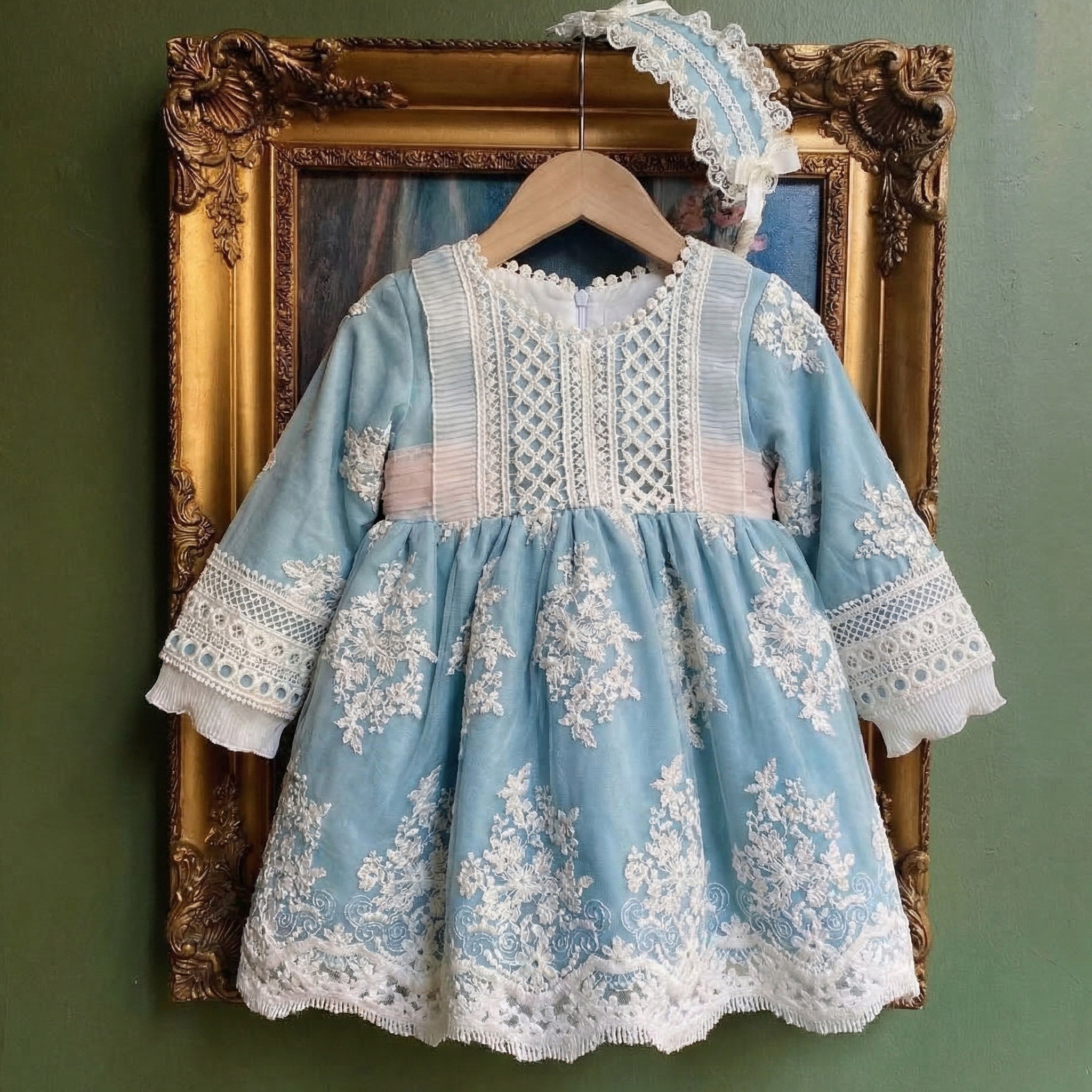Lace Bow Lace Edge Long Sleeve Midi Dresses With Headband - Light Blue - 7-8Y - image 1