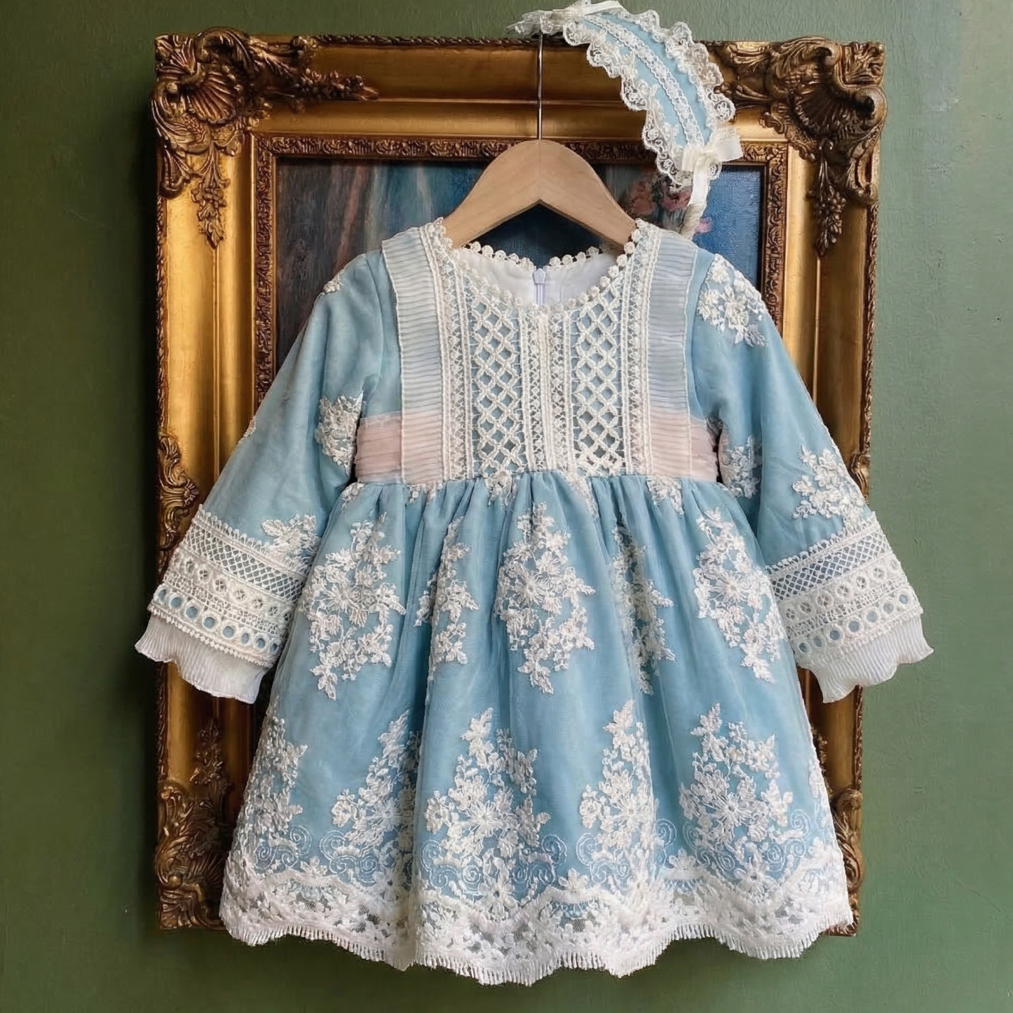 Lace Bow Lace Edge Long Sleeve Midi Dresses With Headband - Light Blue - 7-8Y - image 1