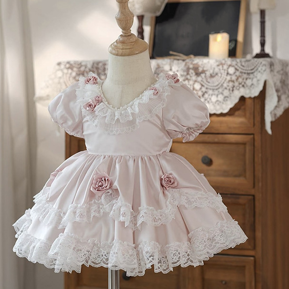 Satin Bow Lace Edge Short Sleeve Short Dresses - Light Pink - 8-10Y - image 1