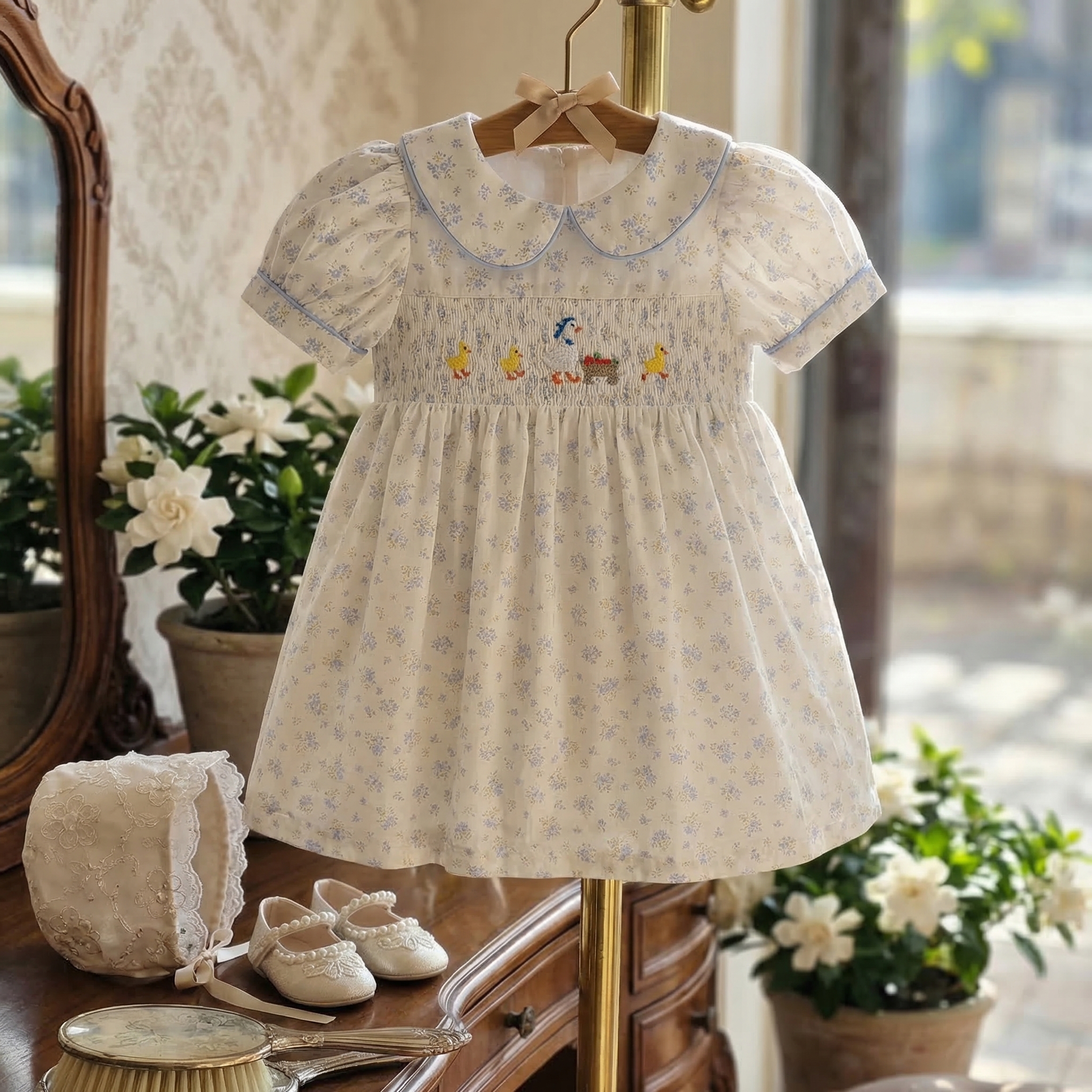 100% Cotton Bow Scramble Embroidery Short Sleeve Midi Dresses - Blue - 5-6Y - image 1