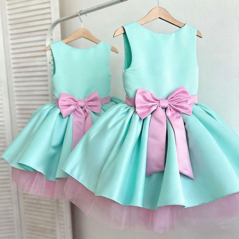 Satin Bow Sleeveless Short Dresses - Light Green - 12-14Y - image 1