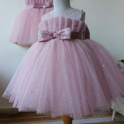 Mesh Bow Glitter Sleeveless Midi Dresses - Pink - 11-13Y - image 1