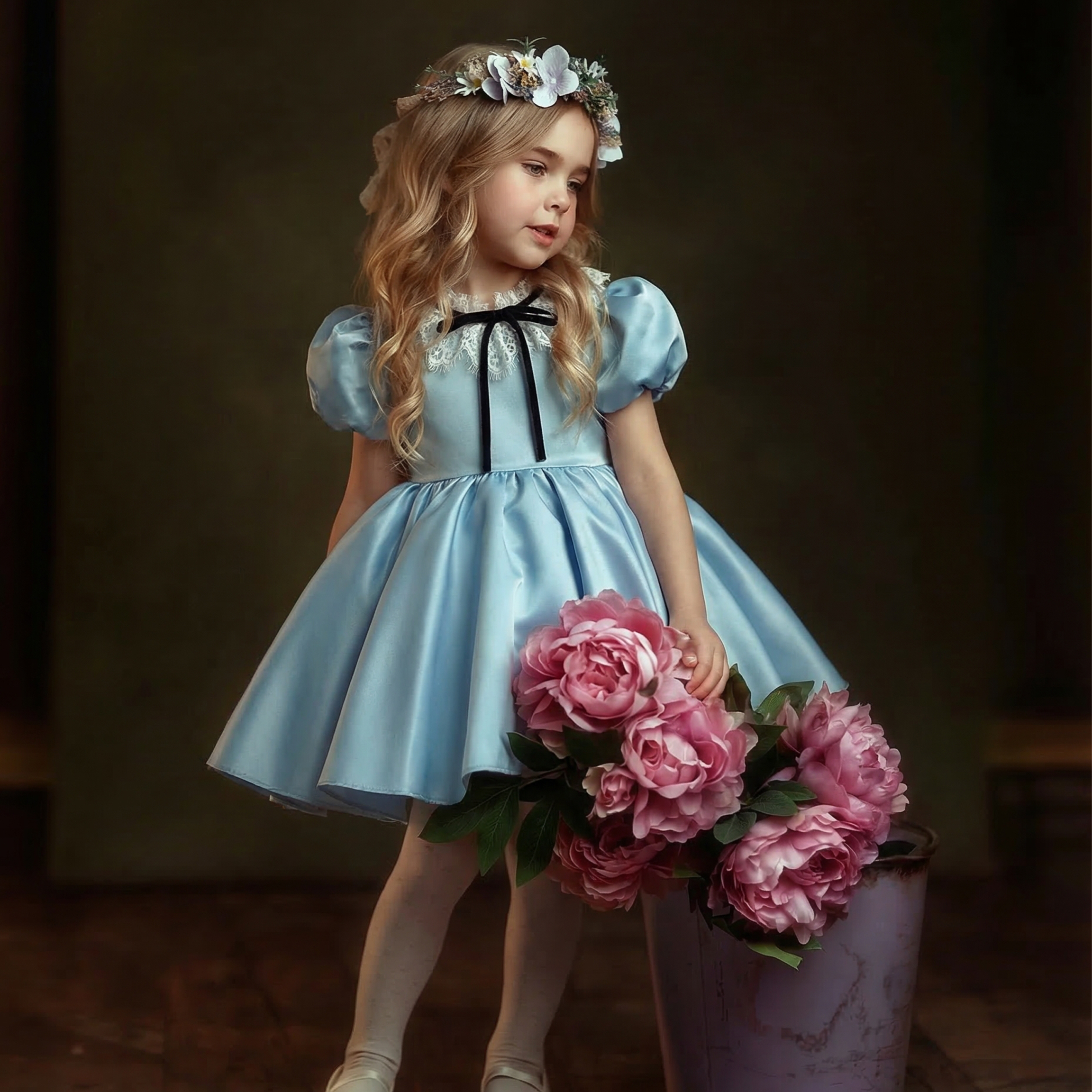 Satin Lace Edge Short Sleeve Midi Dresses - Light Blue - 11-12Y - image 1