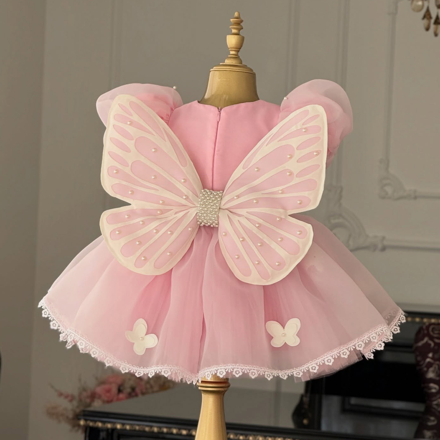 Organza Lace Edge Butterfly Short Sleeve Midi Dresses - Pink - 11-13Y - image 1