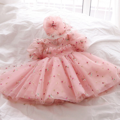 Embroidery Mesh Floral-embroidered Gathered Short Sleeve Short Dresses - image 2