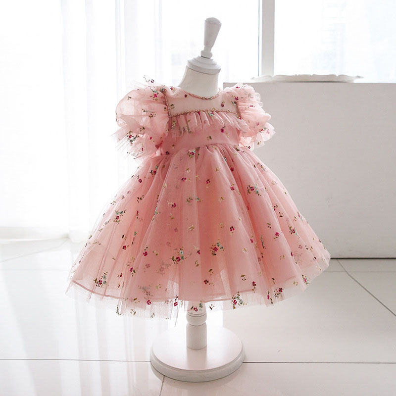 Embroidery Mesh Floral-embroidered Gathered Short Sleeve Short Dresses - Pink - 10-12Y - image 1