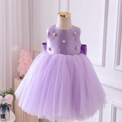 Satin & Mesh Pearl Bow Folds Sleeveless Short Dresses - Purple - 12-14Y - image 1