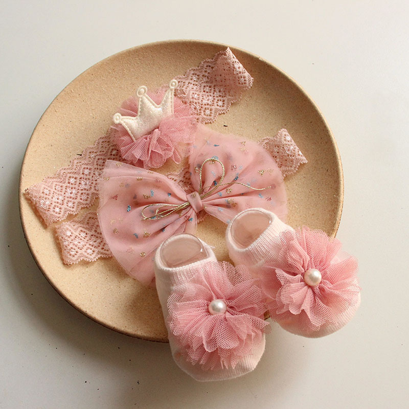Solid Rosette Headband and Socks - Pink Headband + Socks - image 1