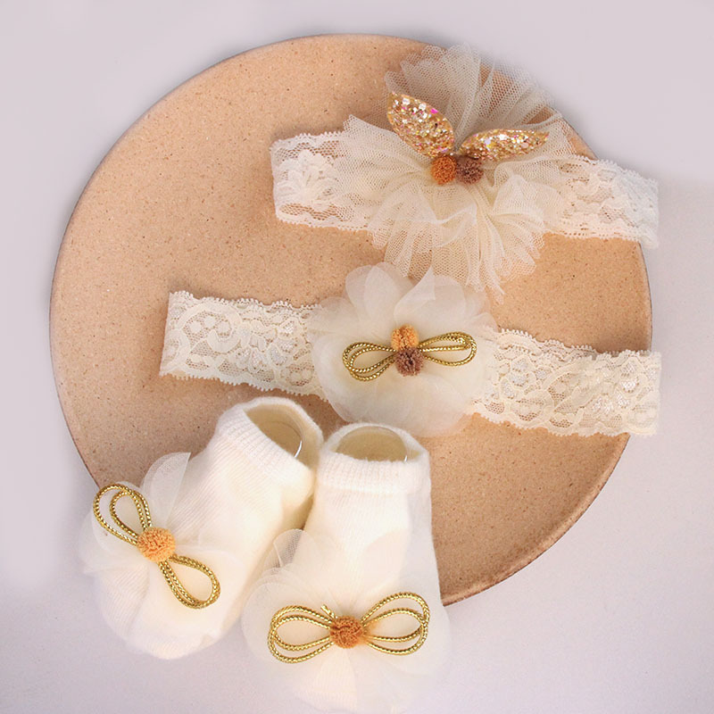 Solid Rosette Headband and Socks - Beige Headband + Socks - image 4