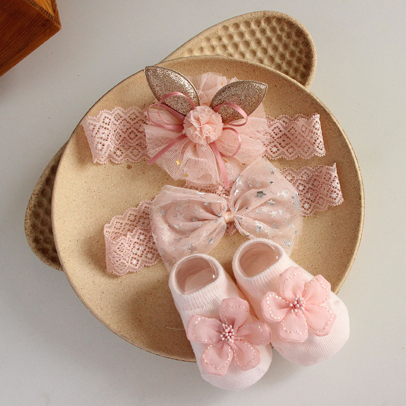 Solid Rosette Headband and Socks - Pink Ear Headband + Socks - image 7